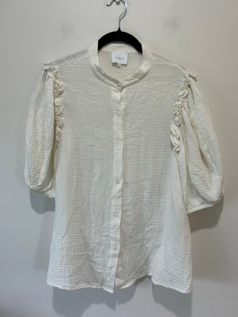 Sundays cream cotton gauze shirt womens S button down ruffle bell sleeve